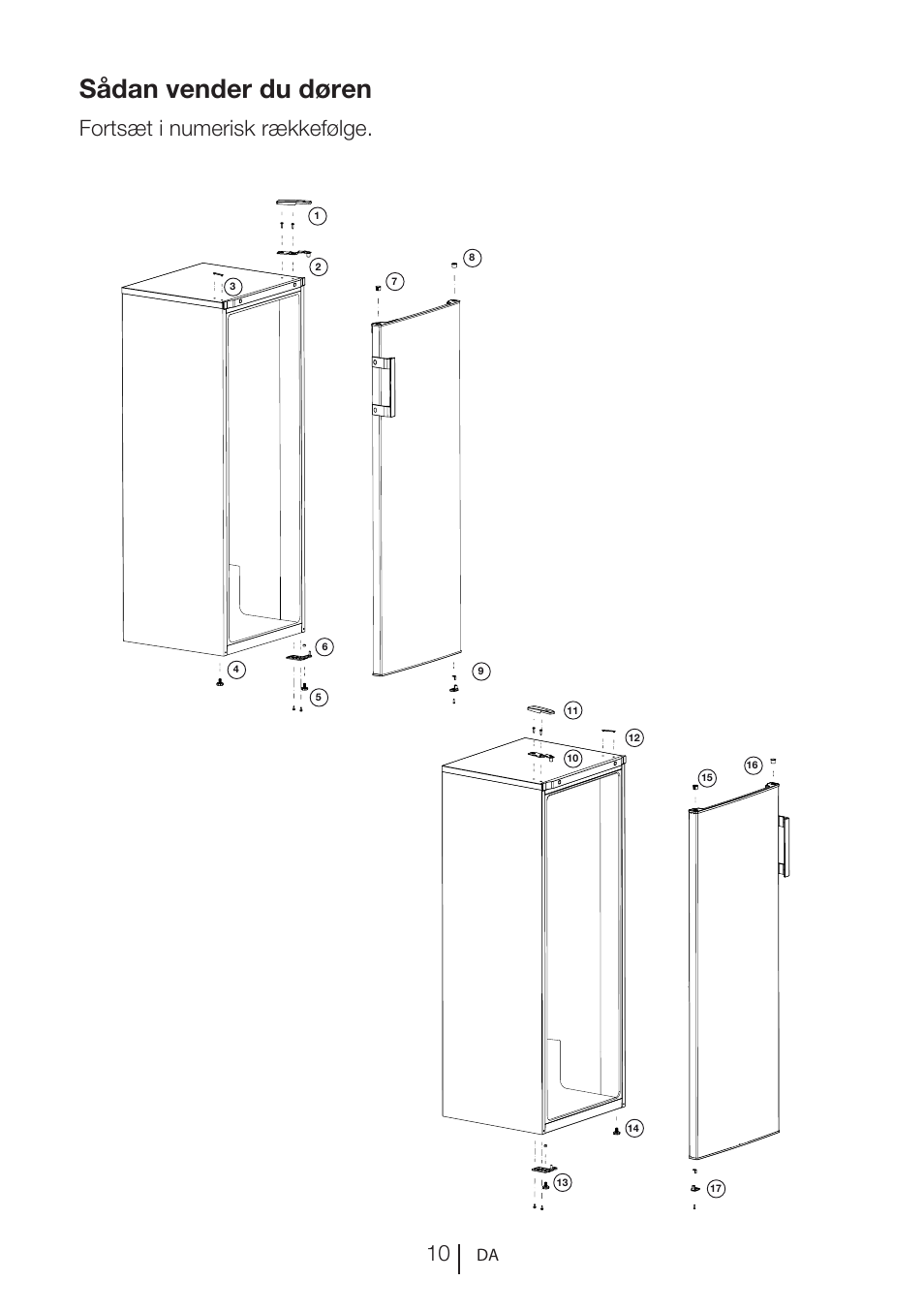 Sådan vender du døren, Fortsæt i numerisk rækkefølge | GRAM FS 3215-93/1 User Manual | Page 10 / 75