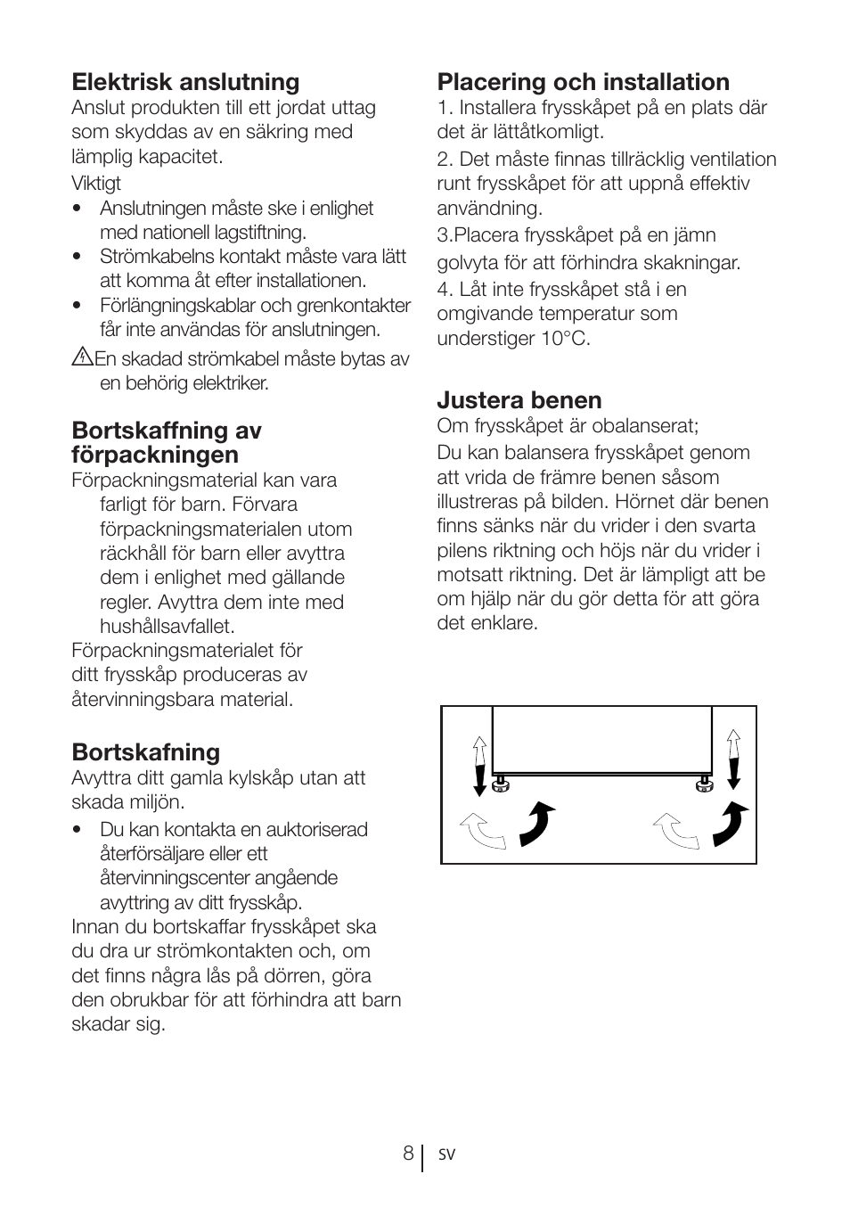 Justera benen, Elektrisk anslutning, Bortskaffning av förpackningen | Bortskafning, Placering och installation | GRAM FS 3215-93/1 User Manual | Page 38 / 75