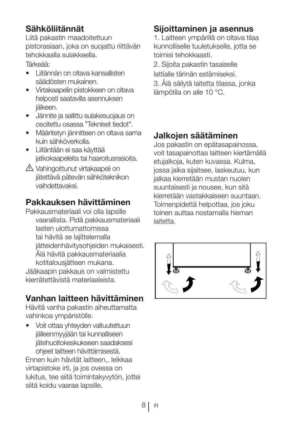 Jalkojen säätäminen, Sähköliitännät, Pakkauksen hävittäminen | Vanhan laitteen hävittäminen, Sijoittaminen ja asennus | GRAM FS 3215-93/1 User Manual | Page 52 / 75