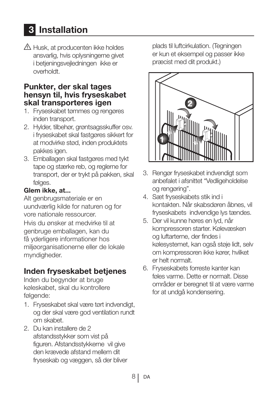 3installation, Inden fryseskabet betjenes | GRAM FS 3215-93/1 User Manual | Page 8 / 75