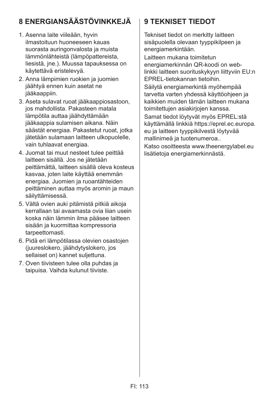 8 energiansäästövinkkejä, 9 tekniset tiedot | GRAM 49SF 4186 F User Manual | Page 114 / 116