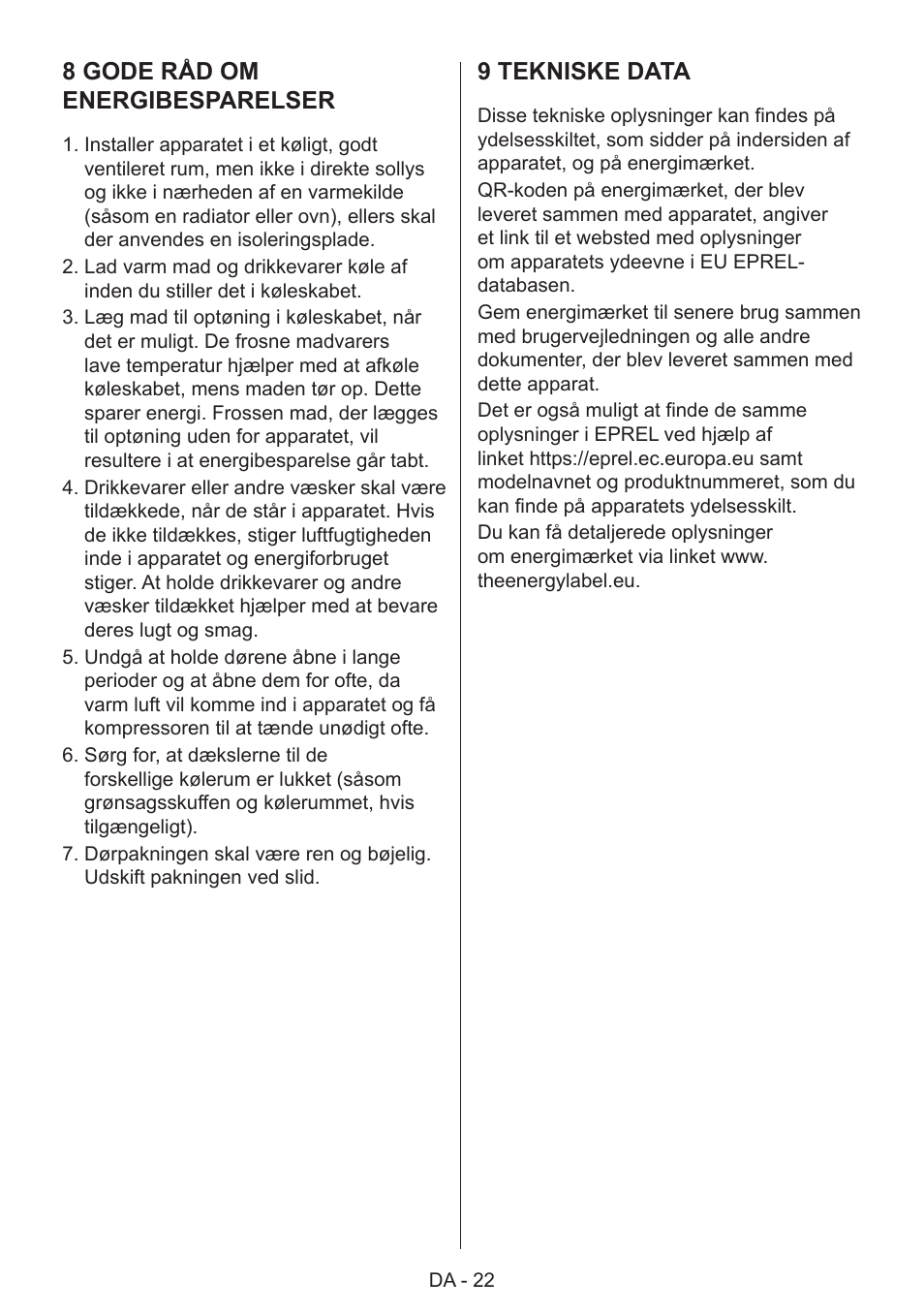 8 gode råd om energibesparelser, 9 tekniske data | GRAM 49SF 4186 F User Manual | Page 23 / 116