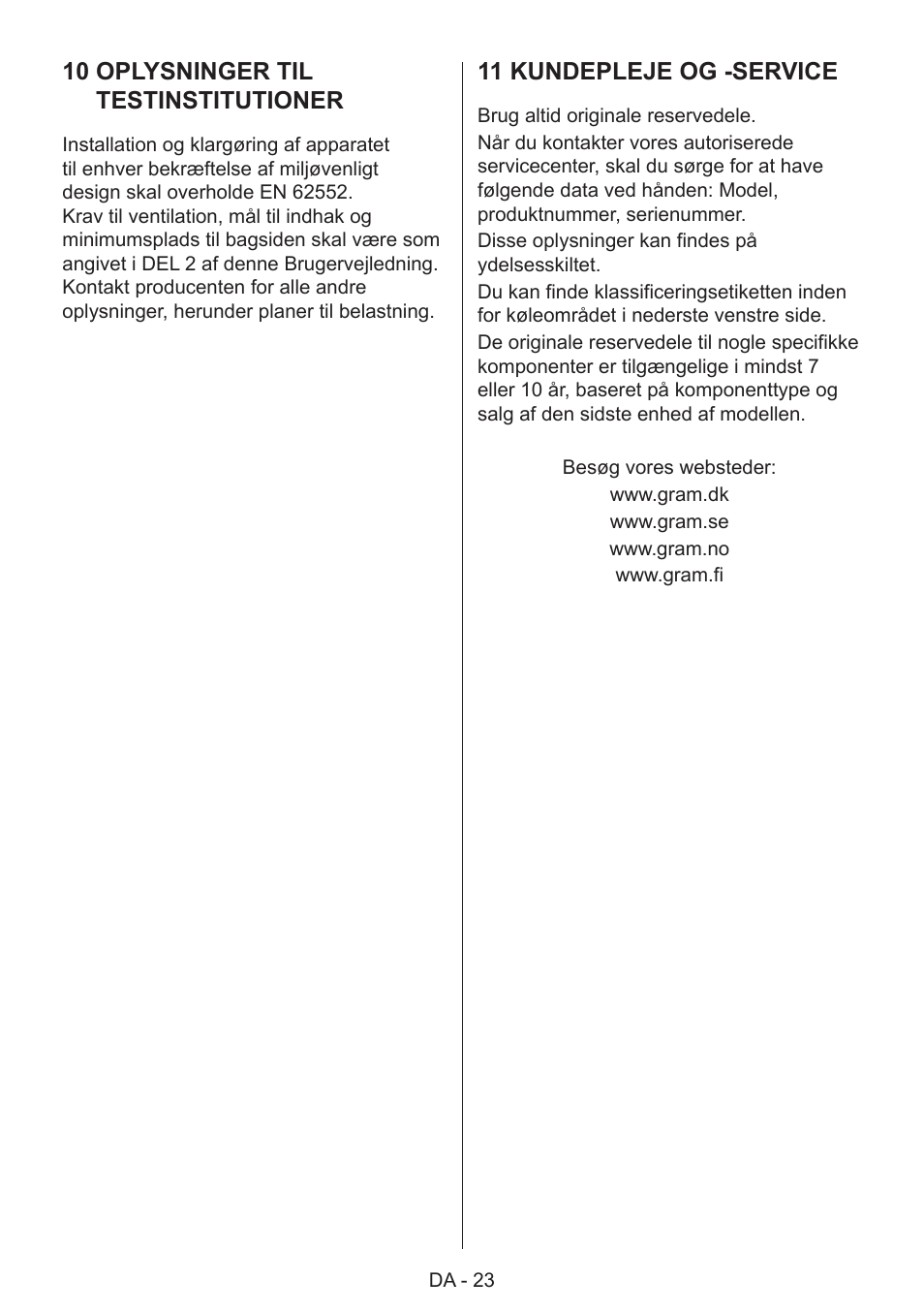 10 oplysninger til testinstitutioner, 11 kundepleje og -service | GRAM 49SF 4186 F User Manual | Page 24 / 116