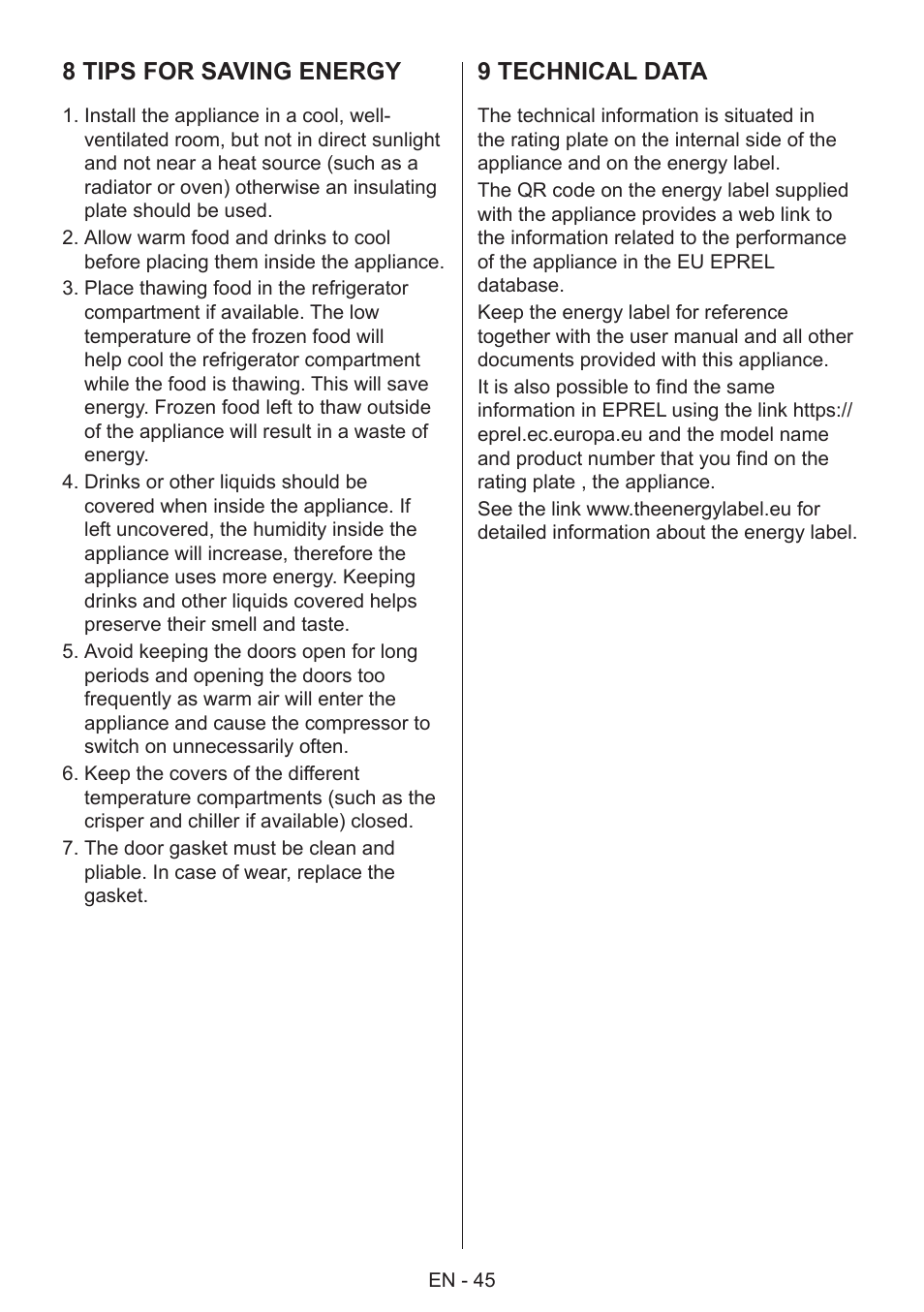 8 tips for saving energy, 9 technical data | GRAM 49SF 4186 F User Manual | Page 46 / 116