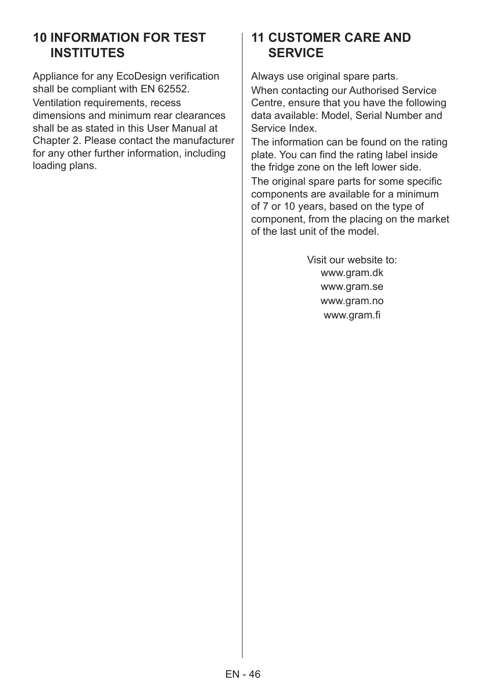 10 information for test institutes, 11 customer care and service | GRAM 49SF 4186 F User Manual | Page 47 / 116