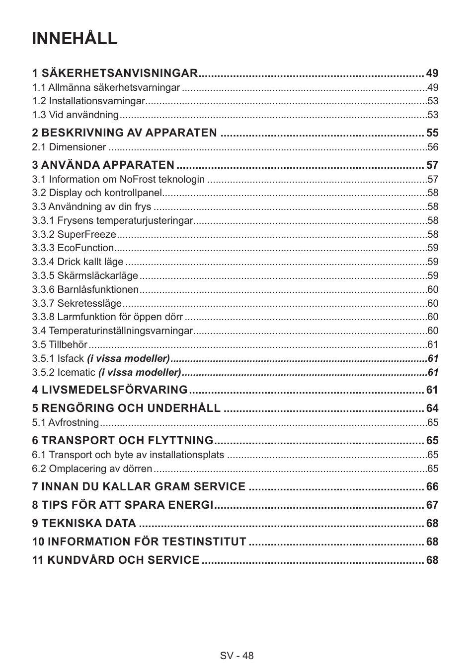 Innehåll | GRAM 49SF 4186 F User Manual | Page 49 / 116