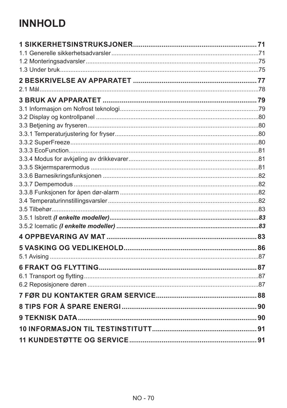 Innhold | GRAM 49SF 4186 F User Manual | Page 71 / 116