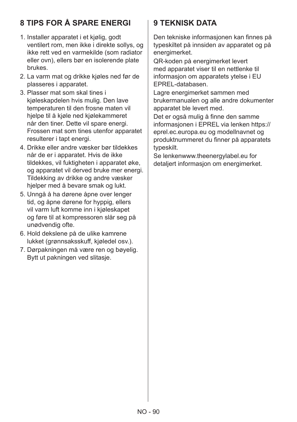 8 tips for å spare energi, 9 teknisk data | GRAM 49SF 4186 F User Manual | Page 91 / 116
