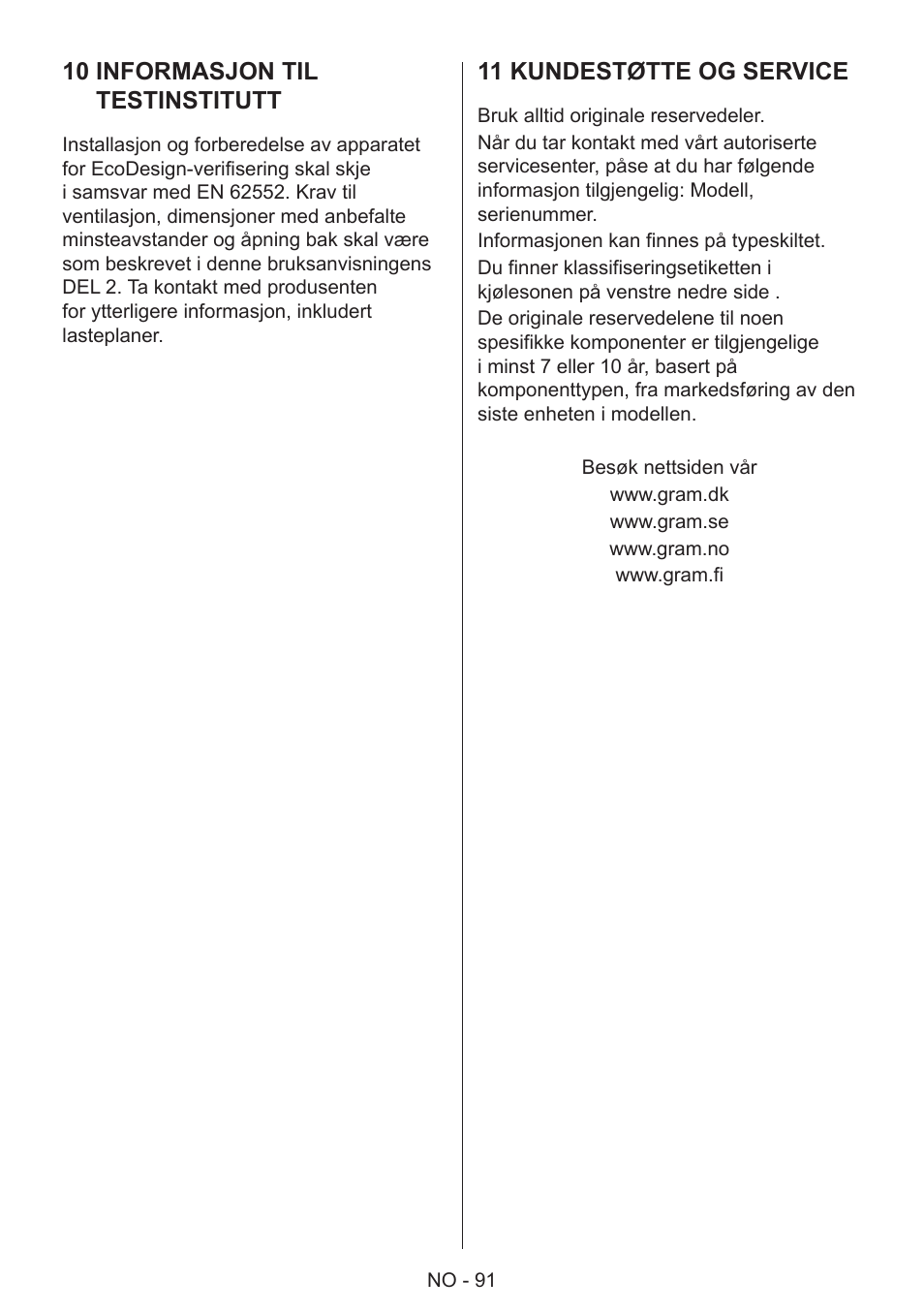 10 informasjon til testinstitutt, 11 kundestøtte og service | GRAM 49SF 4186 F User Manual | Page 92 / 116