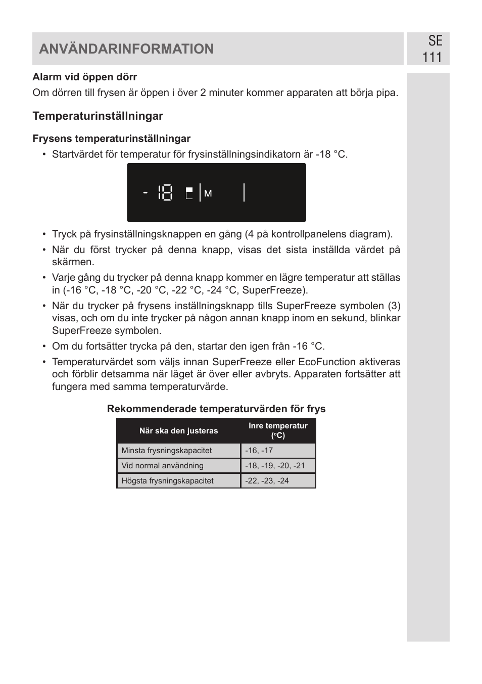 Se 111 användarinformation | GRAM FSI 401754 N/1 User Manual | Page 111 / 123