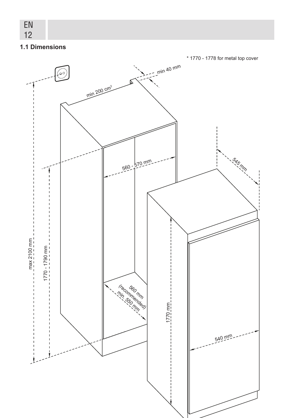 En 12, 1 dimensions | GRAM FSI 401754 N/1 User Manual | Page 12 / 123