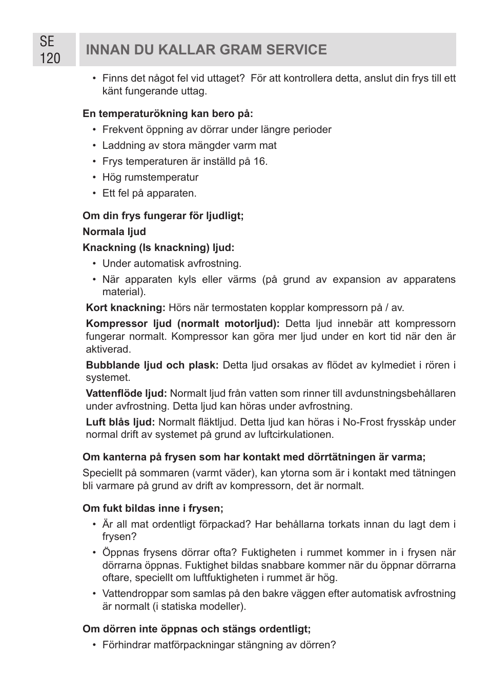 Se 120 innan du kallar gram service | GRAM FSI 401754 N/1 User Manual | Page 120 / 123