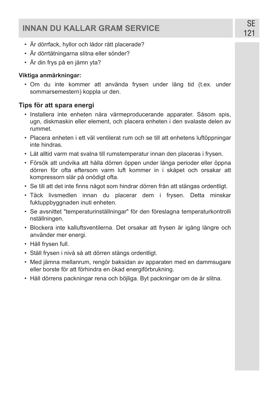 Se 121 innan du kallar gram service | GRAM FSI 401754 N/1 User Manual | Page 121 / 123