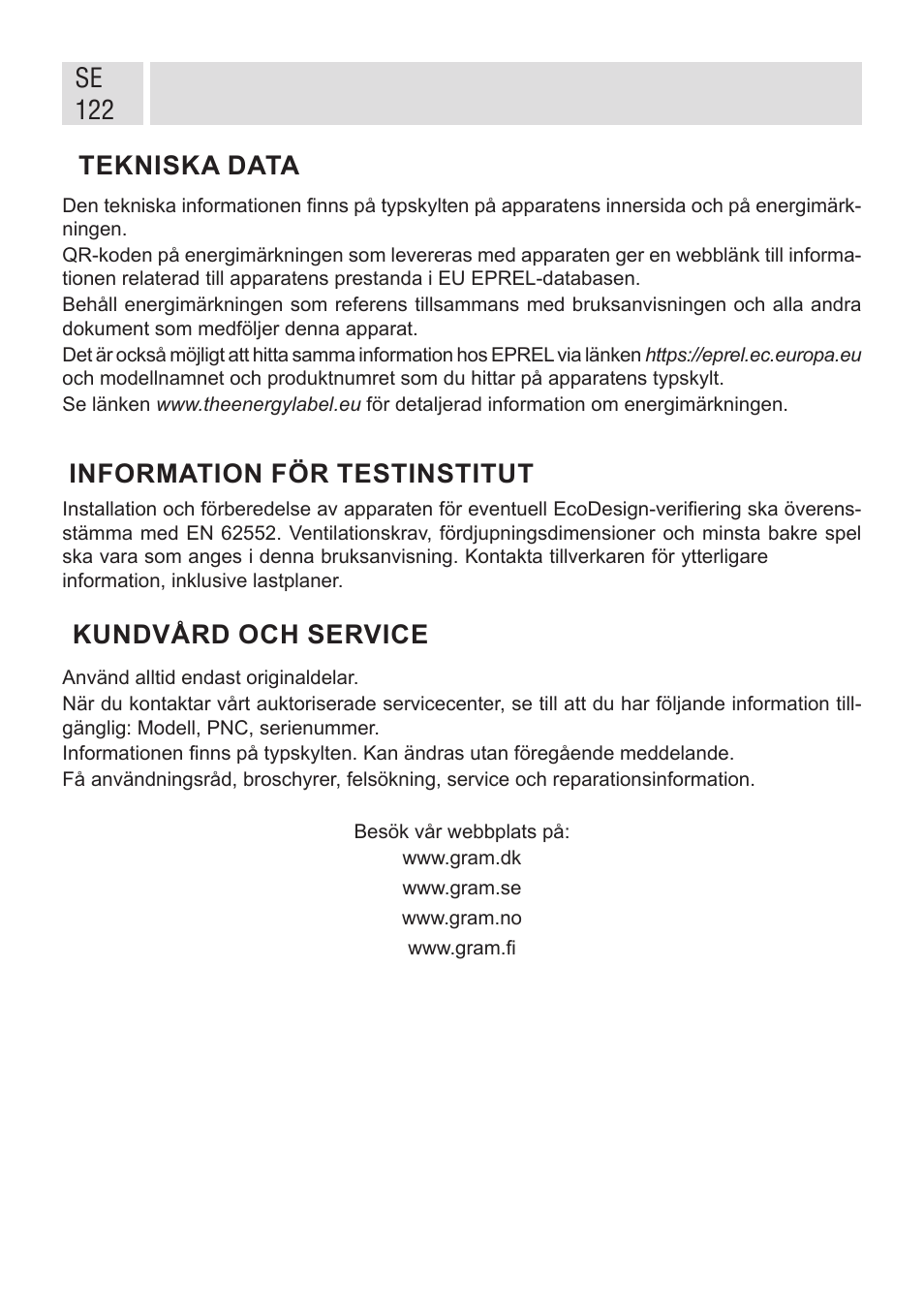 Se 122 tekniska data, Information för testinstitut, Kundvård och service | GRAM FSI 401754 N/1 User Manual | Page 122 / 123