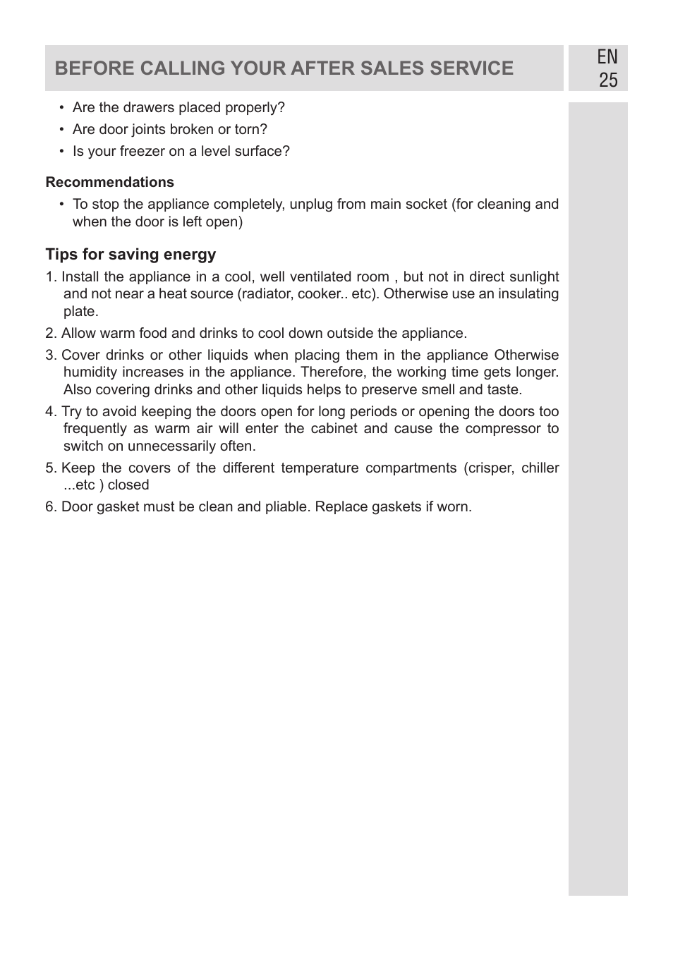 En 25 before calling your after sales service | GRAM FSI 401754 N/1 User Manual | Page 25 / 123