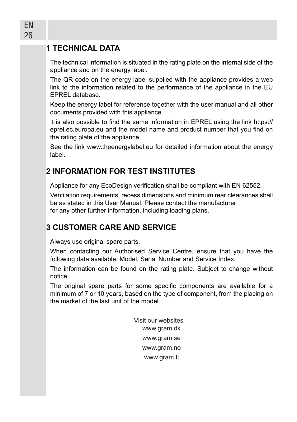 En 26, 1 technical data, 2 information for test institutes | 3 customer care and service | GRAM FSI 401754 N/1 User Manual | Page 26 / 123