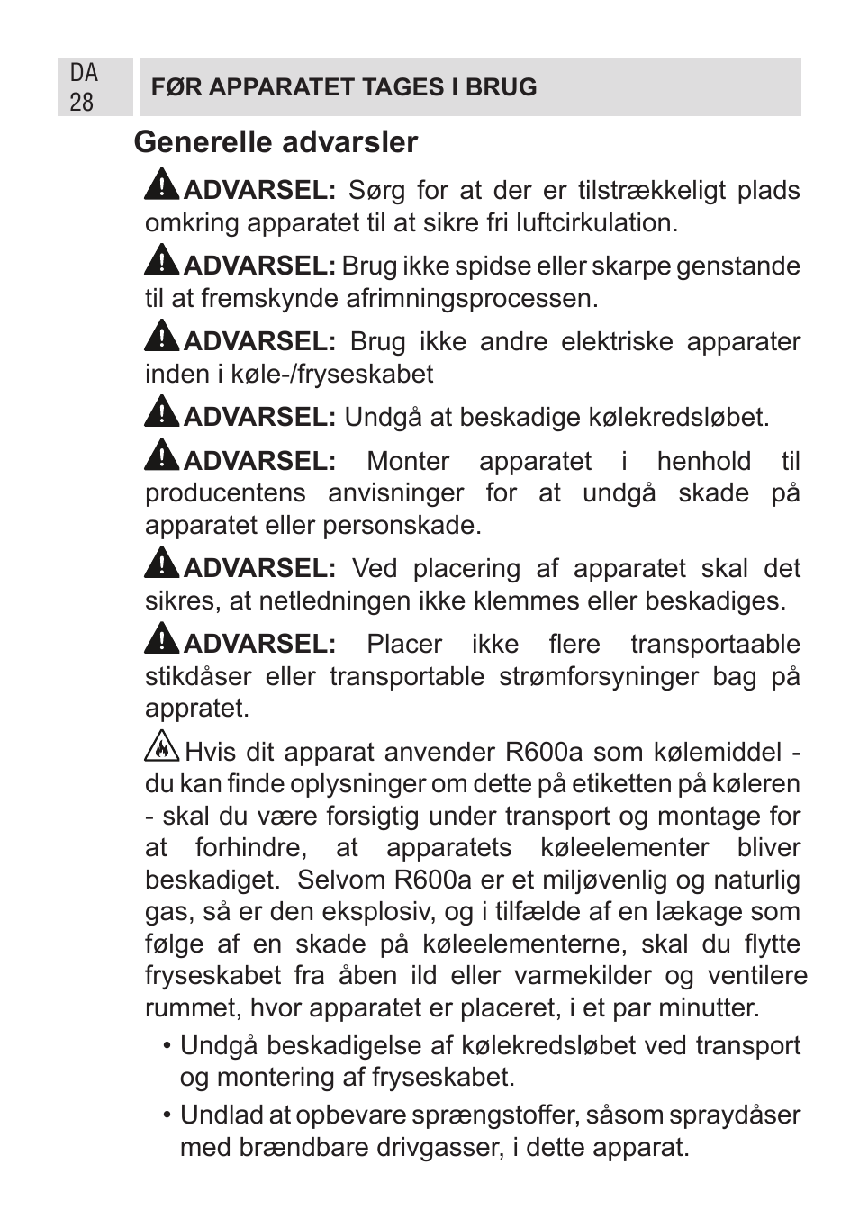 Generelle advarsler | GRAM FSI 401754 N/1 User Manual | Page 28 / 123