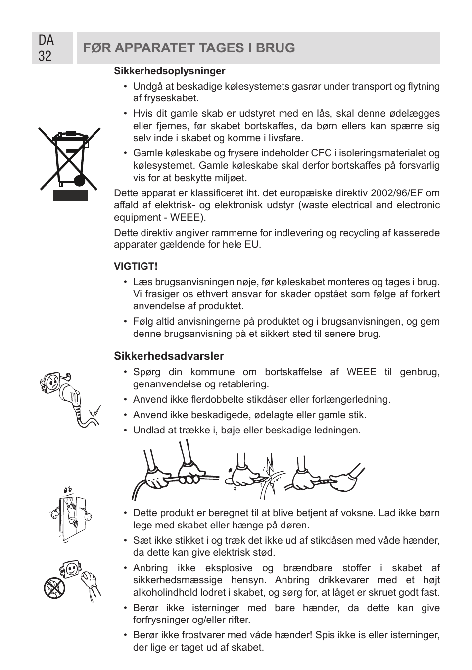 Da 32, Før apparatet tages i brug | GRAM FSI 401754 N/1 User Manual | Page 32 / 123