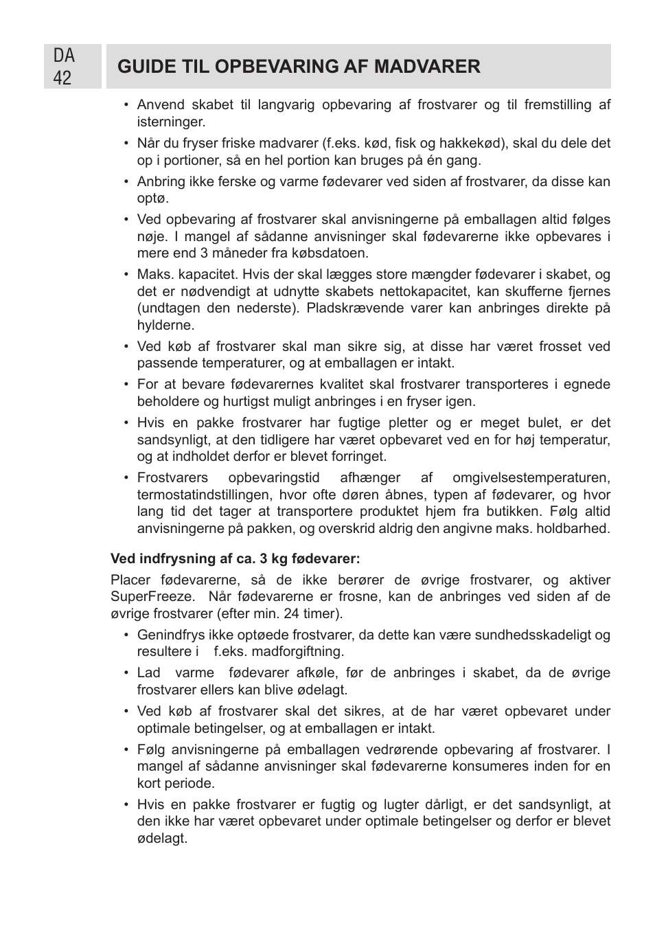 Da 42 guide til opbevaring af madvarer | GRAM FSI 401754 N/1 User Manual | Page 42 / 123