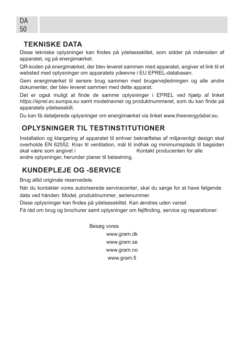 Da 50 tekniske data, Oplysninger til testinstitutioner, Kundepleje og -service | GRAM FSI 401754 N/1 User Manual | Page 50 / 123