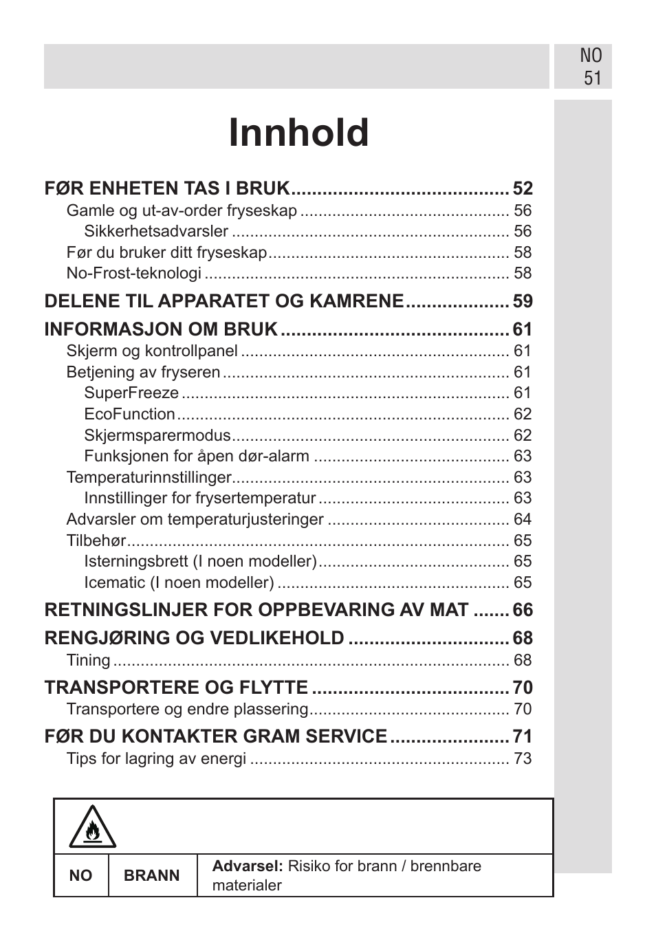 Innhold | GRAM FSI 401754 N/1 User Manual | Page 51 / 123