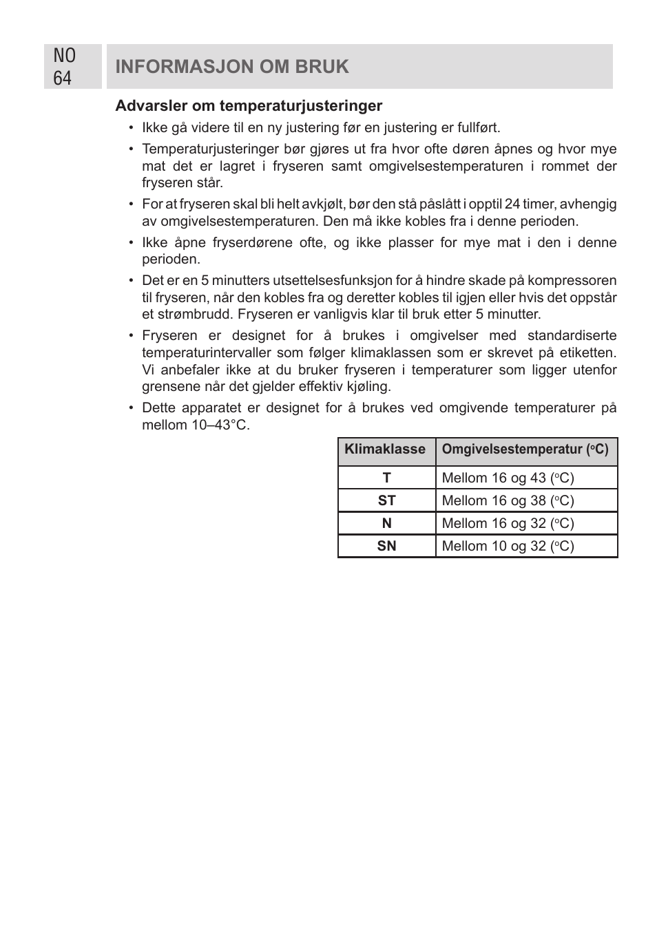 No 64 informasjon om bruk | GRAM FSI 401754 N/1 User Manual | Page 64 / 123