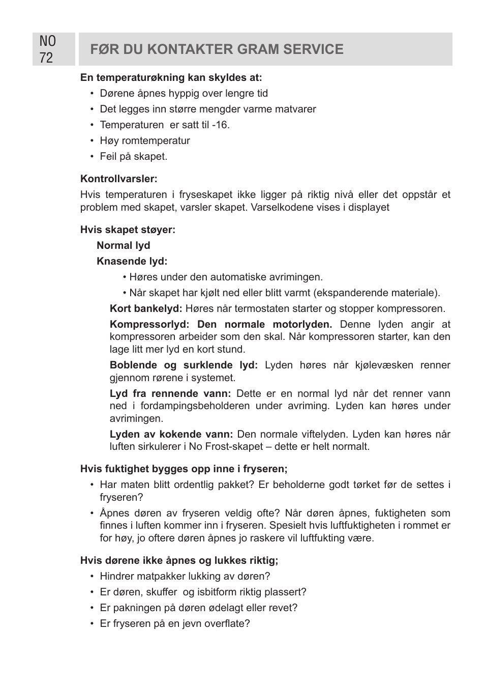 No 72 før du kontakter gram service | GRAM FSI 401754 N/1 User Manual | Page 72 / 123