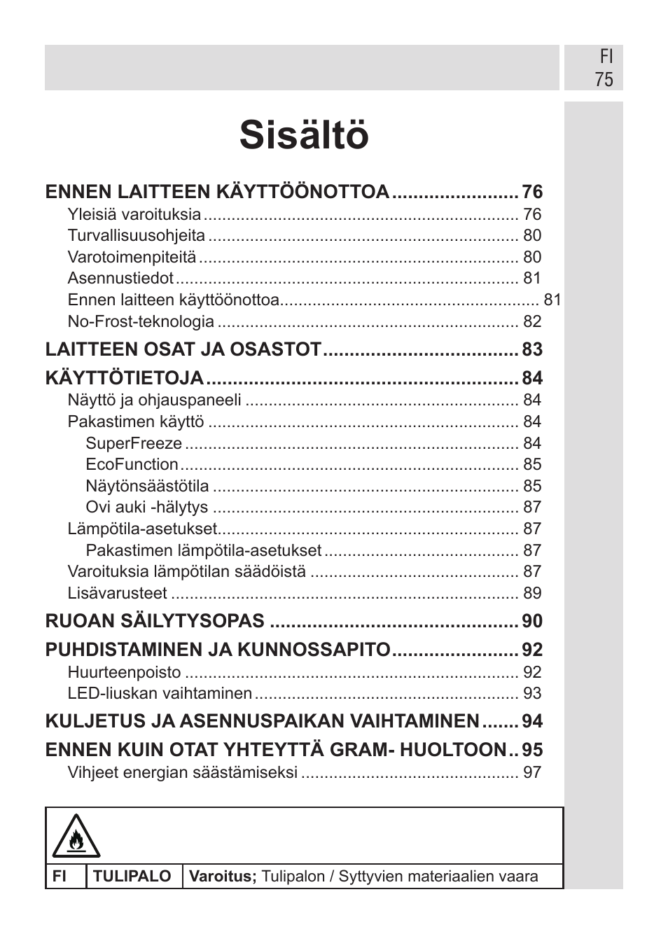 Sisältö | GRAM FSI 401754 N/1 User Manual | Page 75 / 123