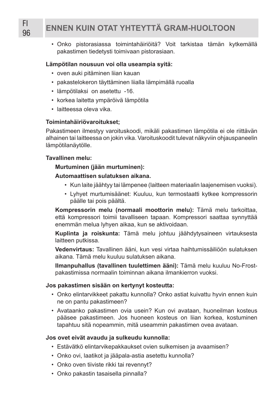 Fi 96 ennen kuin otat yhteyttä gram-huoltoon | GRAM FSI 401754 N/1 User Manual | Page 96 / 123
