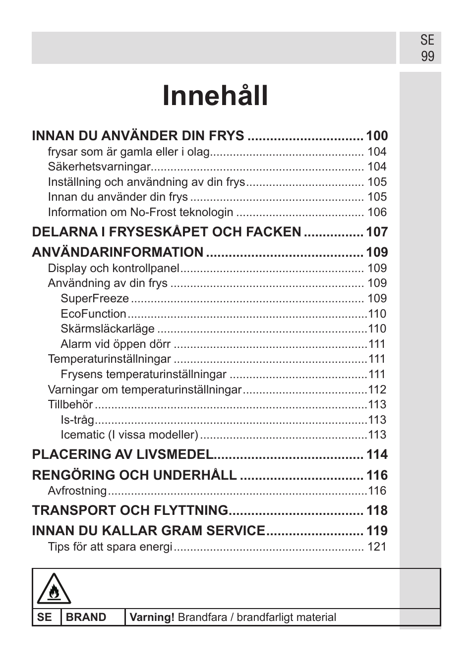 Innehåll | GRAM FSI 401754 N/1 User Manual | Page 99 / 123