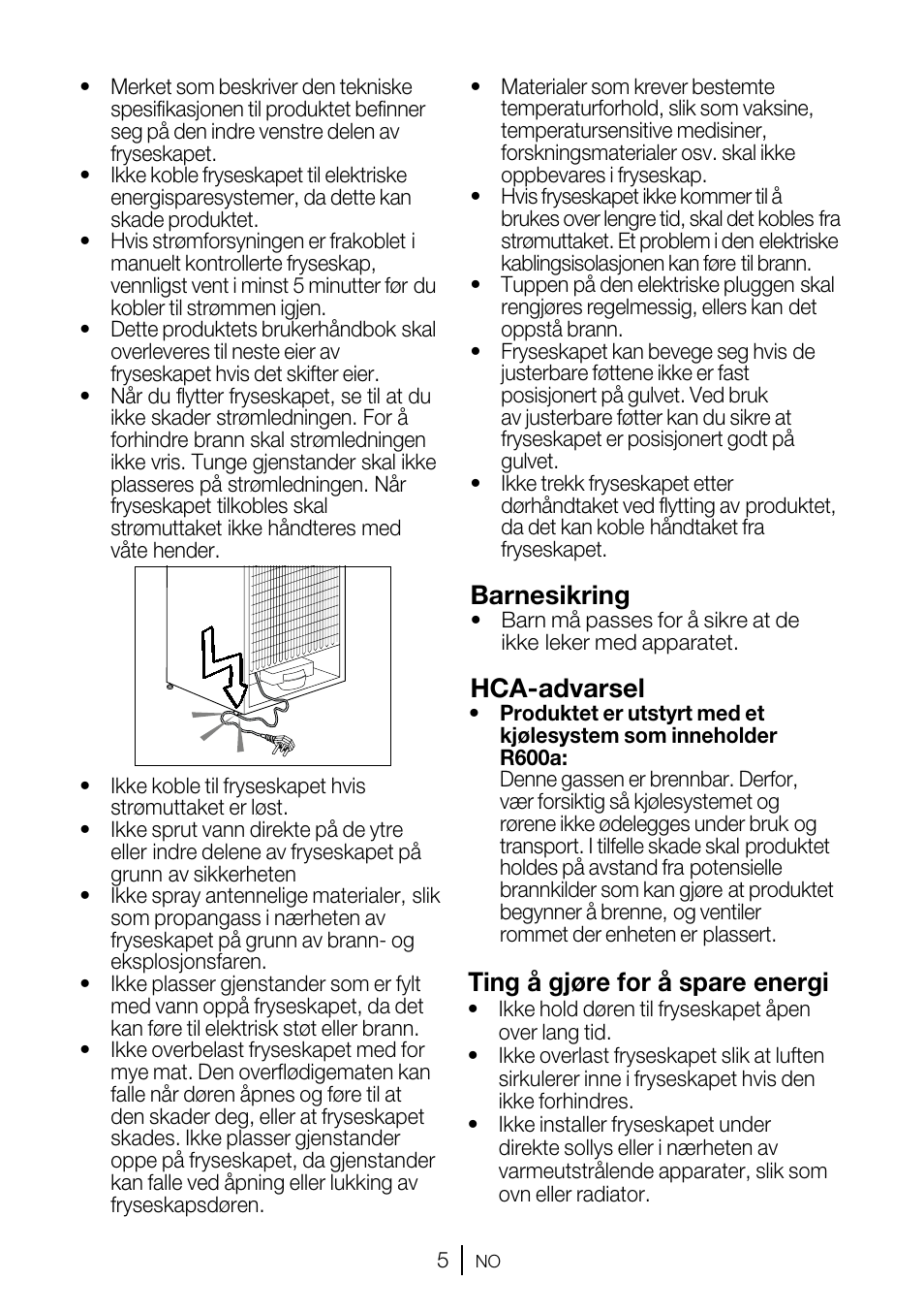 Barnesikring, Hca-advarsel, Ting å gjøre for å spare energi | GRAM FSI 3225-94 N/1 User Manual | Page 17 / 64