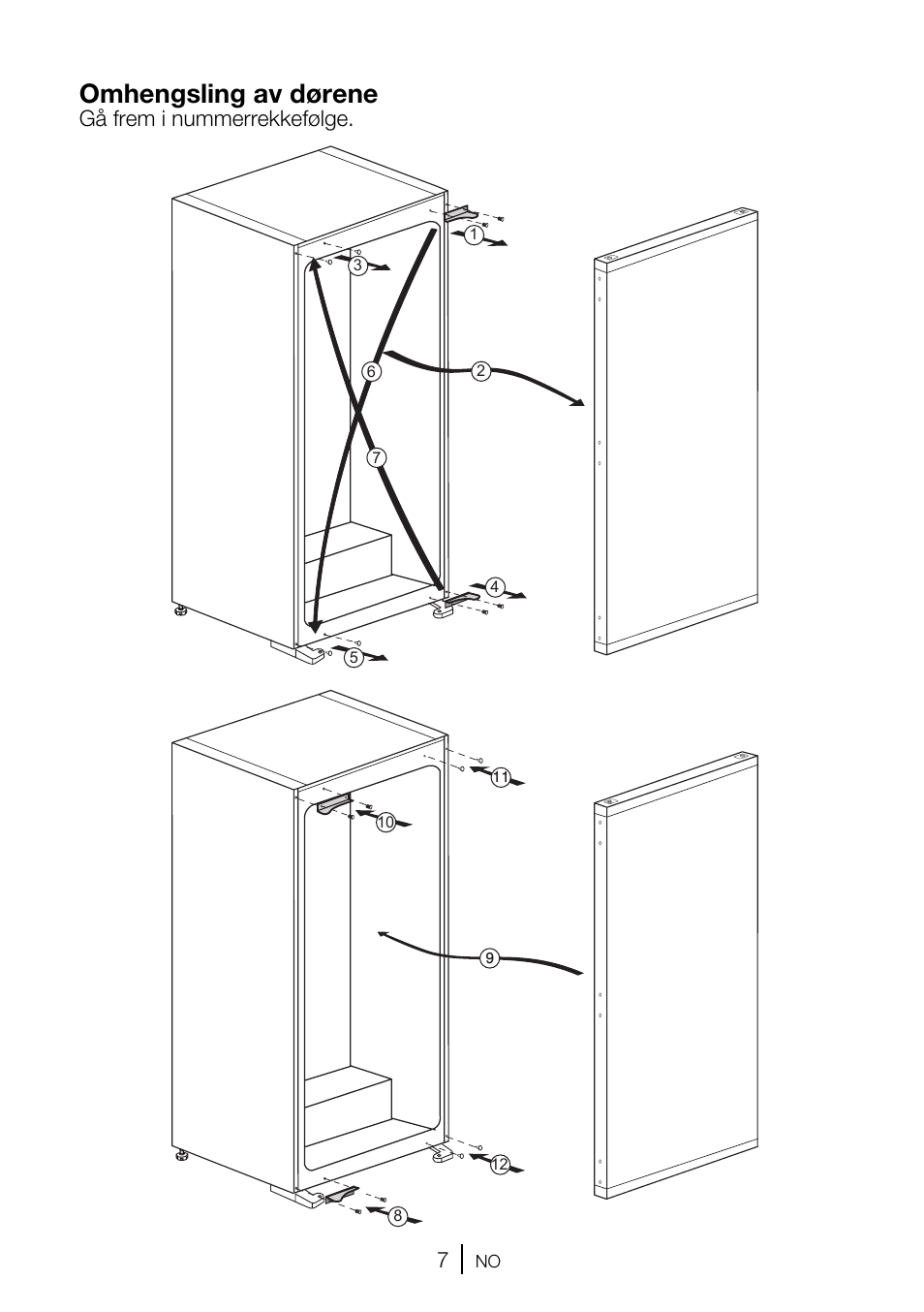Omhengsling av dørene, Gå frem i nummerrekkefølge | GRAM FSI 3225-94 N/1 User Manual | Page 19 / 64