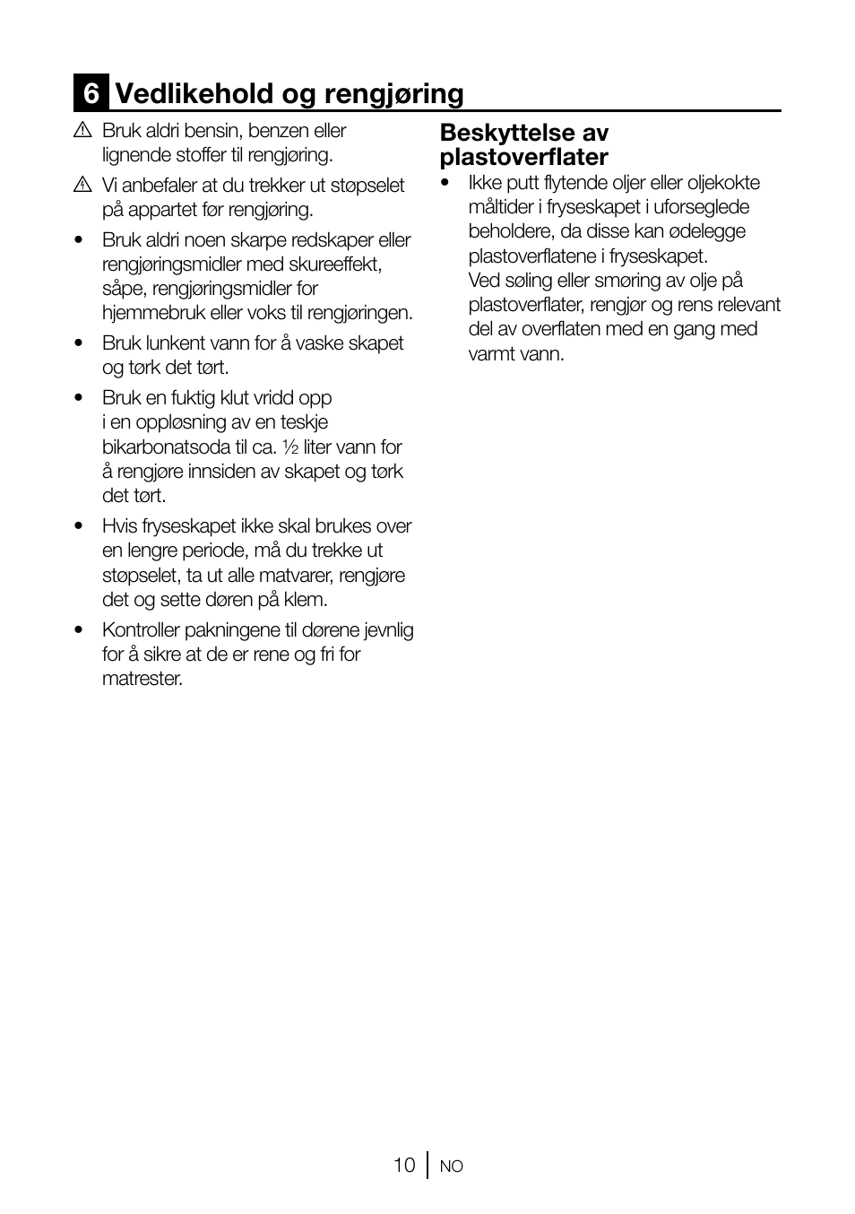 6vedlikehold og rengjøring, Beskyttelse av plastoverflater | GRAM FSI 3225-94 N/1 User Manual | Page 22 / 64