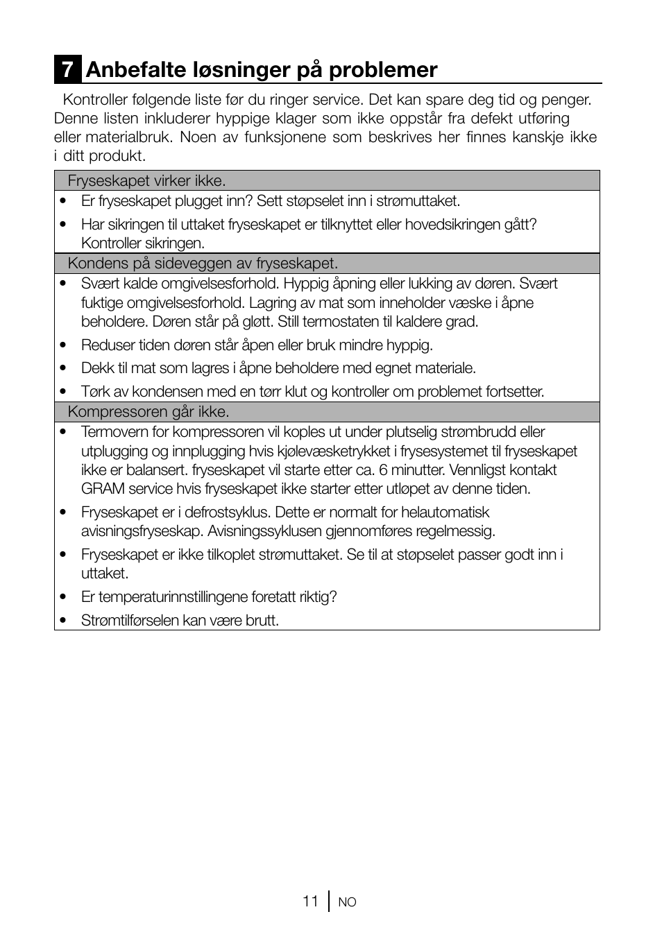 7anbefalte løsninger på problemer | GRAM FSI 3225-94 N/1 User Manual | Page 23 / 64
