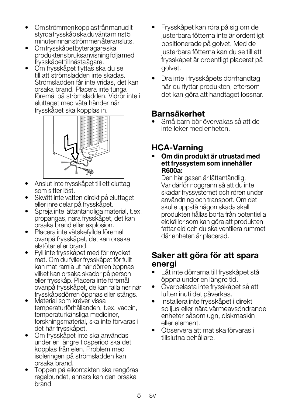 Barnsäkerhet, Hca-varning, Saker att göra för att spara energi | GRAM FSI 3225-94 N/1 User Manual | Page 29 / 64