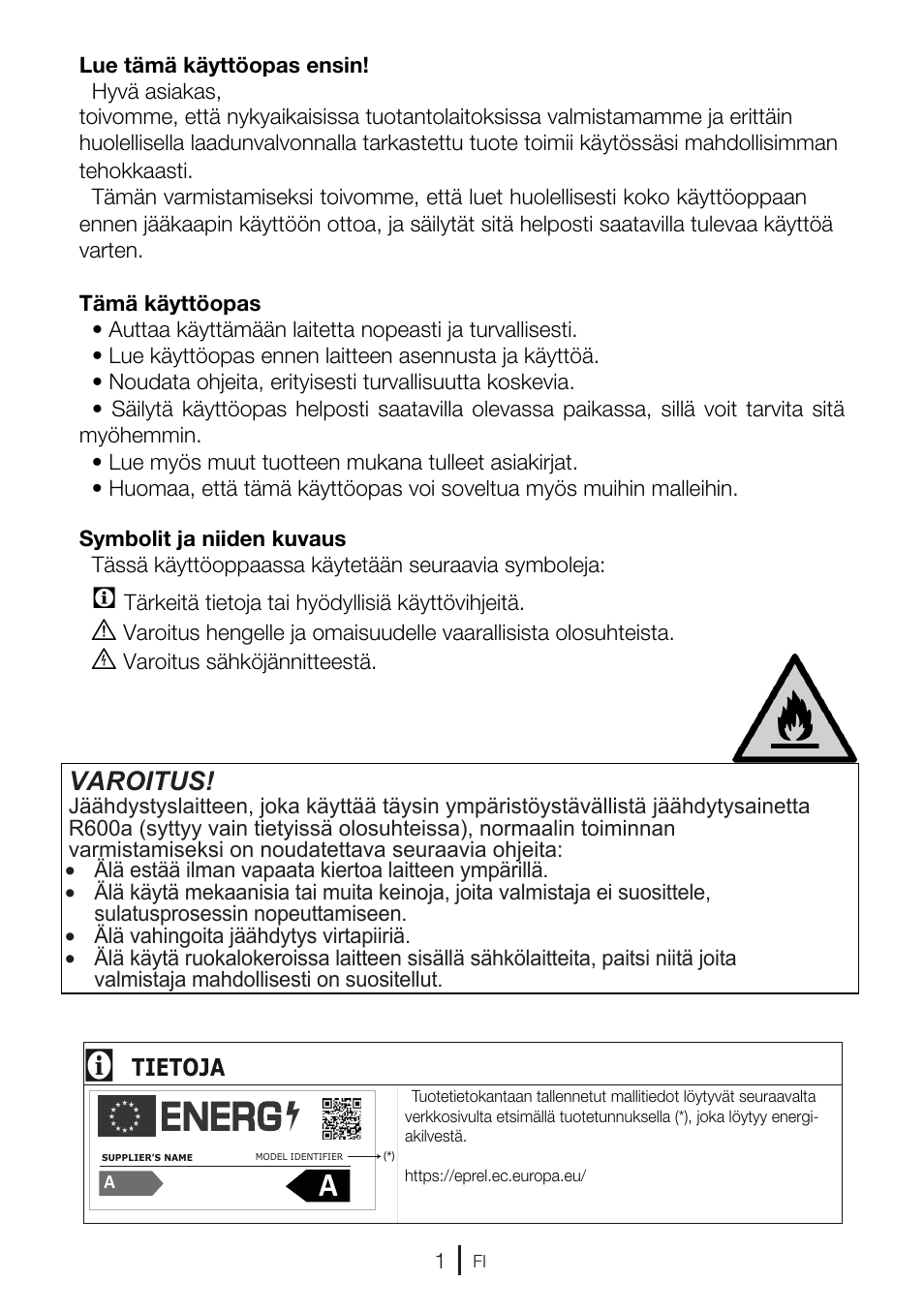 Varoitus | GRAM FSI 3225-94 N/1 User Manual | Page 38 / 64
