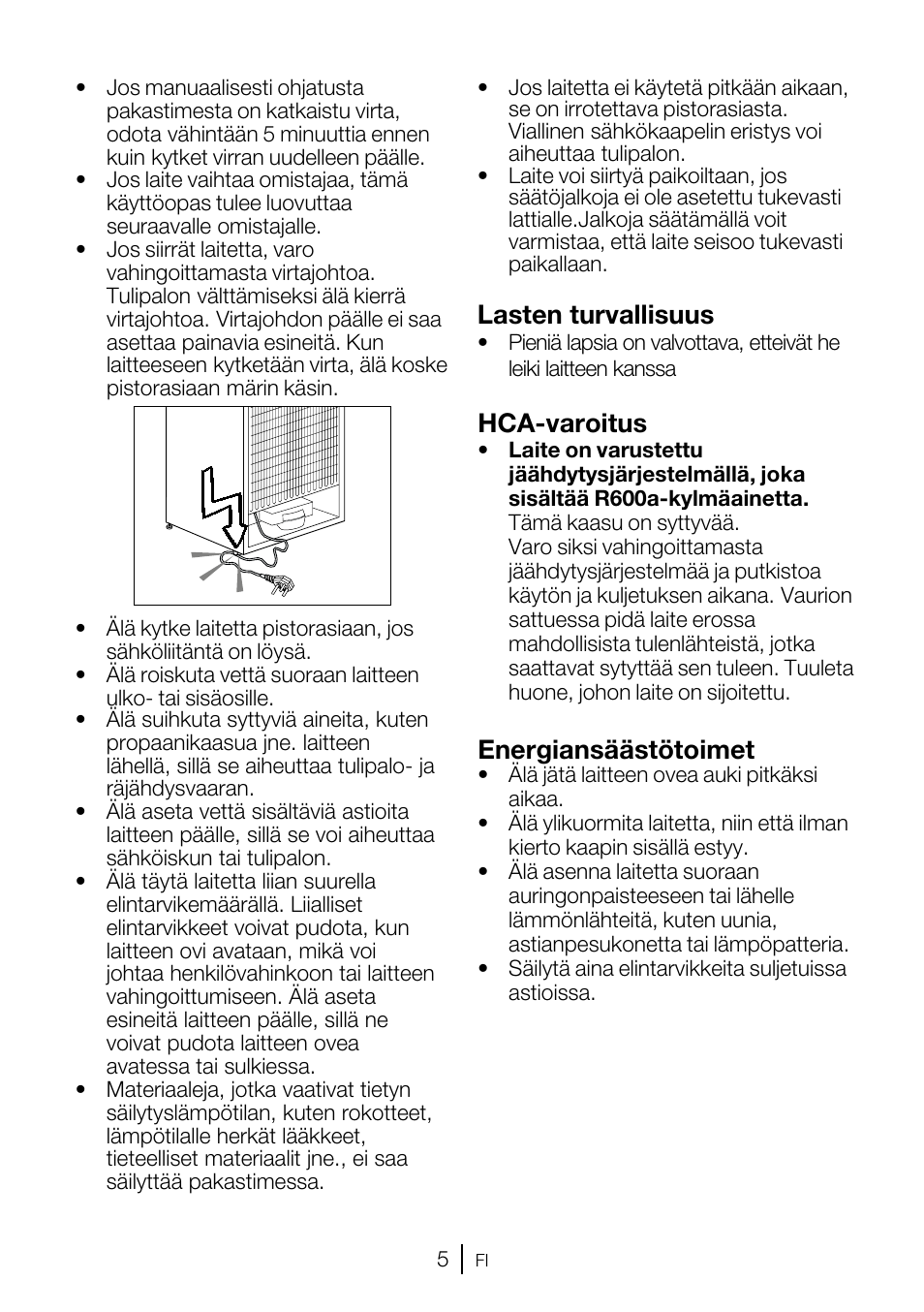 Lasten turvallisuus, Hca-varoitus, Energiansäästötoimet | GRAM FSI 3225-94 N/1 User Manual | Page 42 / 64