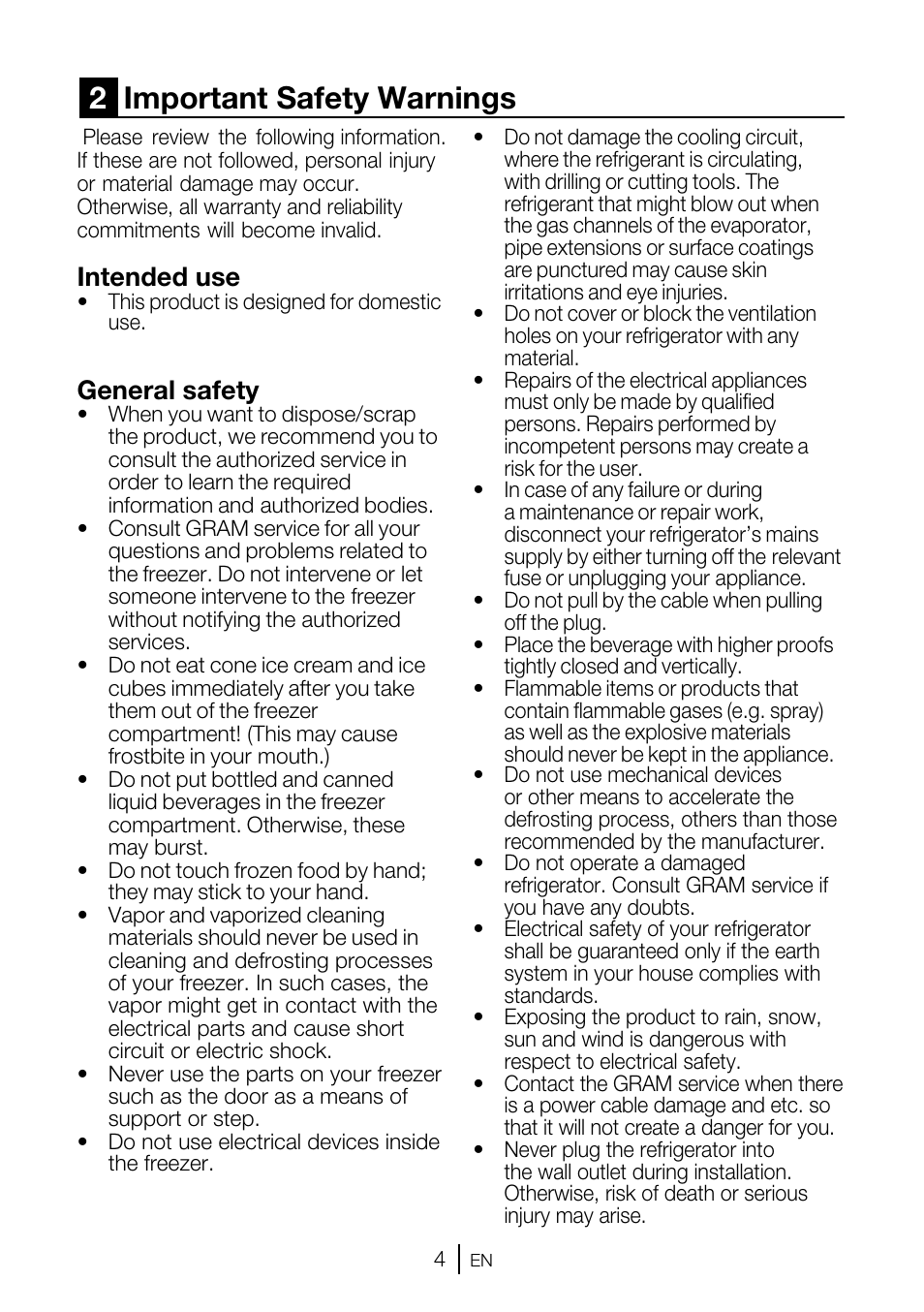 2important safety warnings, Intended use, General safety | GRAM FSI 3225-94 N/1 User Manual | Page 54 / 64