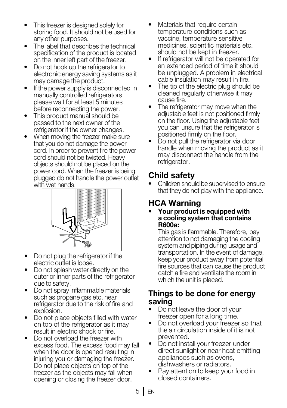 Child safety, Hca warning, Things to be done for energy saving | GRAM FSI 3225-94 N/1 User Manual | Page 55 / 64