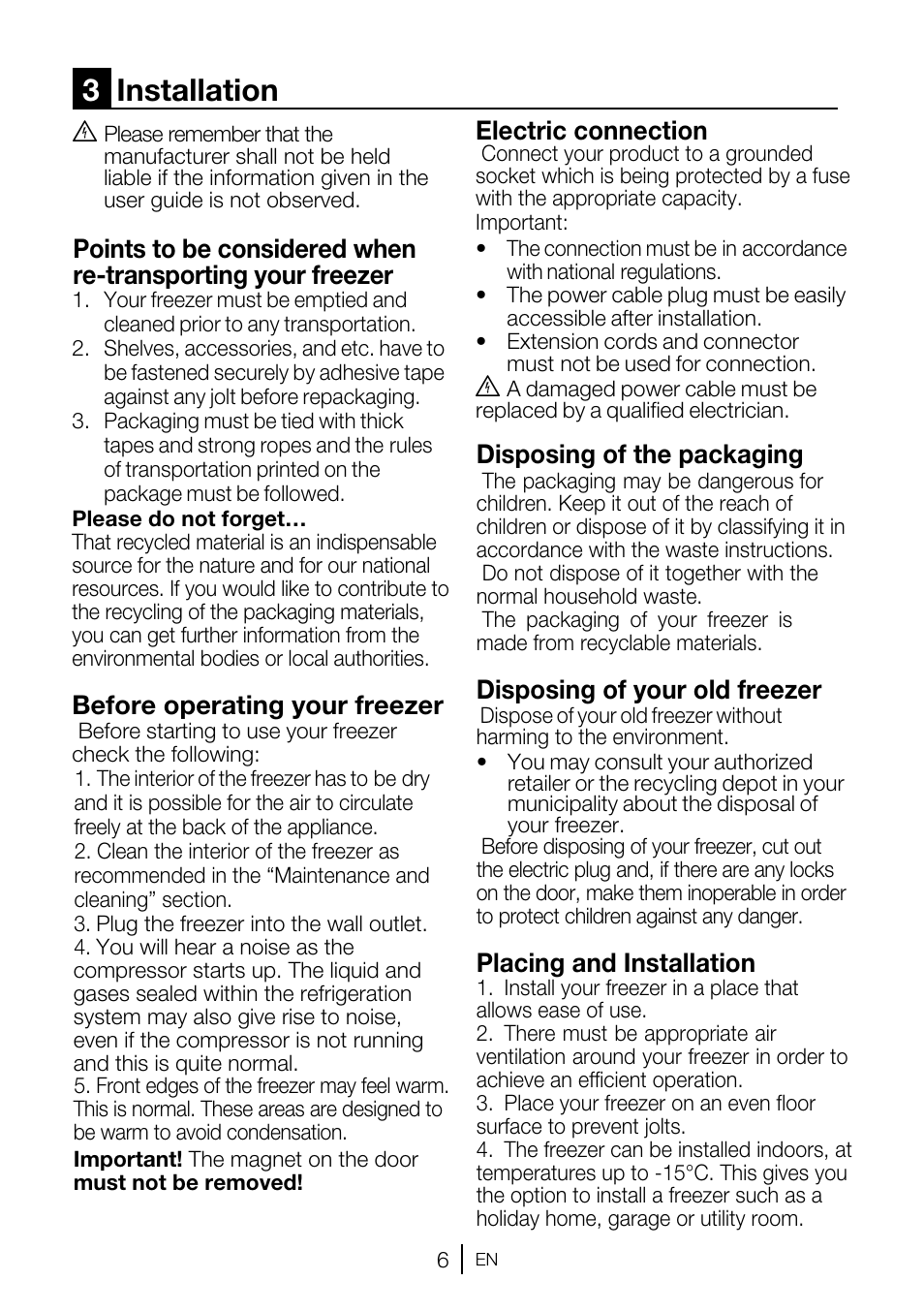 3installation, Before operating your freezer, Electric connection | Disposing of the packaging, Disposing of your old freezer, Placing and installation | GRAM FSI 3225-94 N/1 User Manual | Page 56 / 64