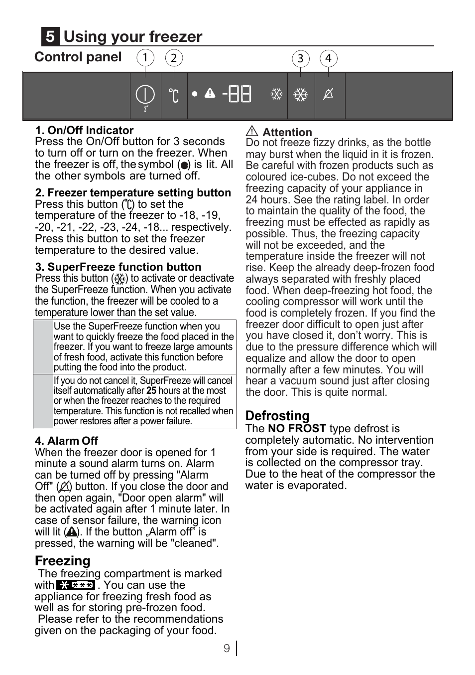 5using your freezer, Control p anel, Freezing | Defrosting | GRAM FSI 3225-94 N/1 User Manual | Page 59 / 64