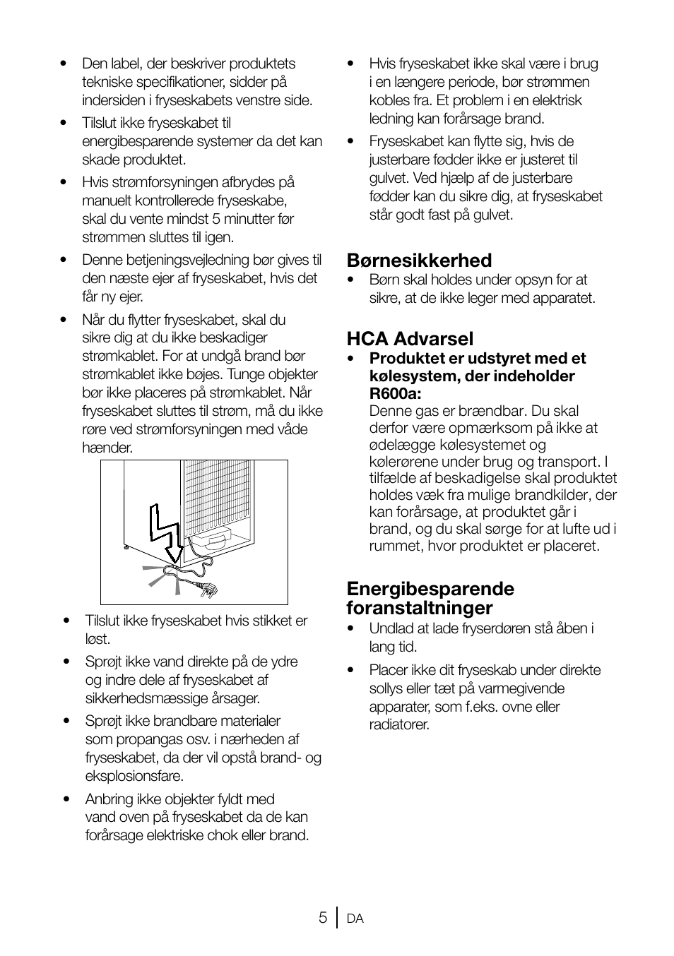 Børnesikkerhed, Hca advarsel, Energibesparende foranstaltninger | GRAM FSI 3225-94 N/1 User Manual | Page 6 / 64