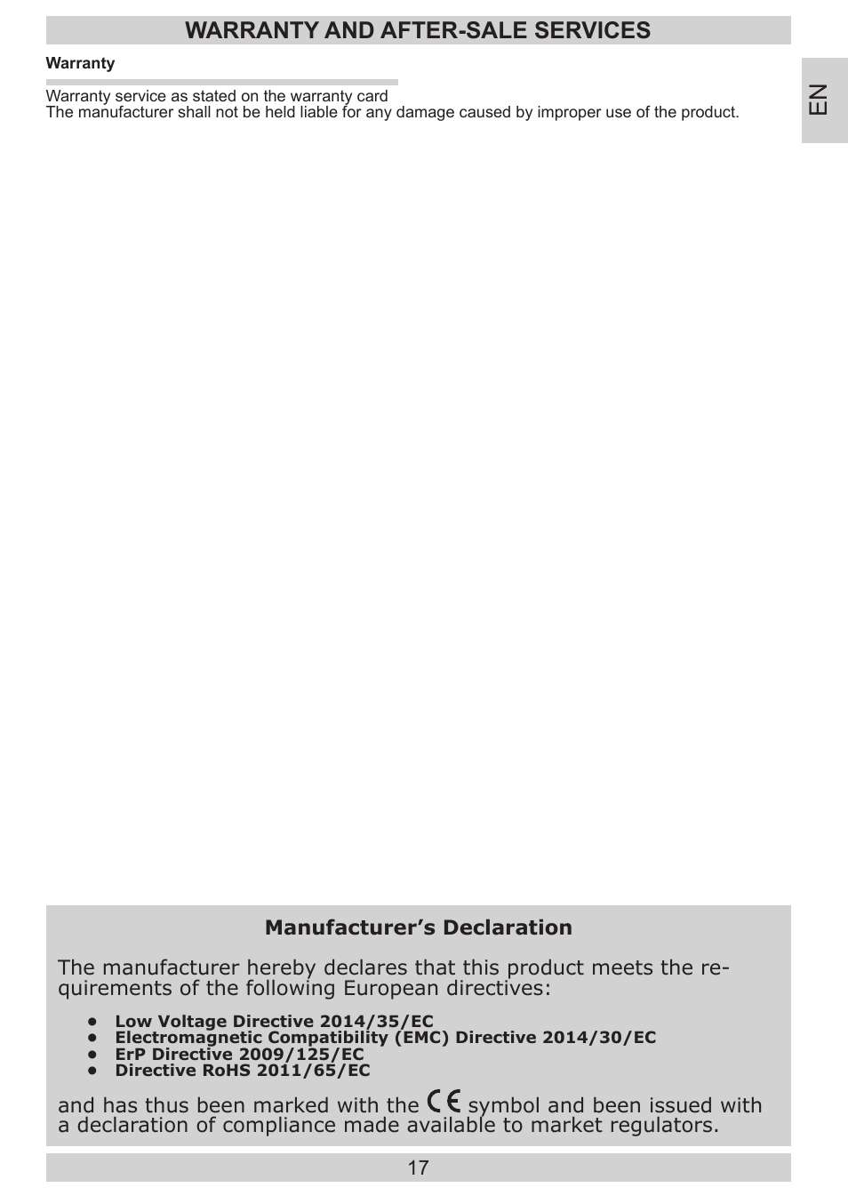 Warranty and after-sale services | GRAM FB 3413-90/1 User Manual | Page 17 / 68