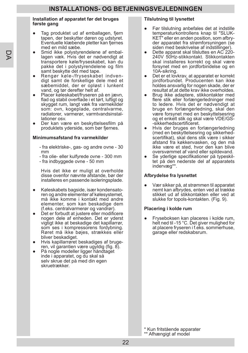 Installations- og betjeningsvejledningen | GRAM FB 3413-90/1 User Manual | Page 22 / 68