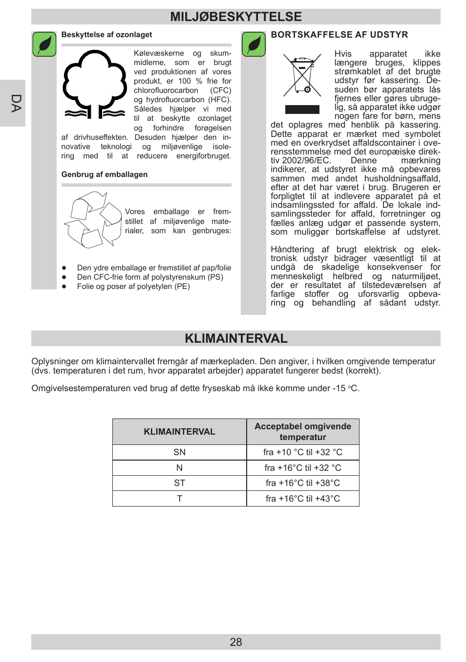 Miljøbeskyttelse, Klimainterval | GRAM FB 3413-90/1 User Manual | Page 28 / 68