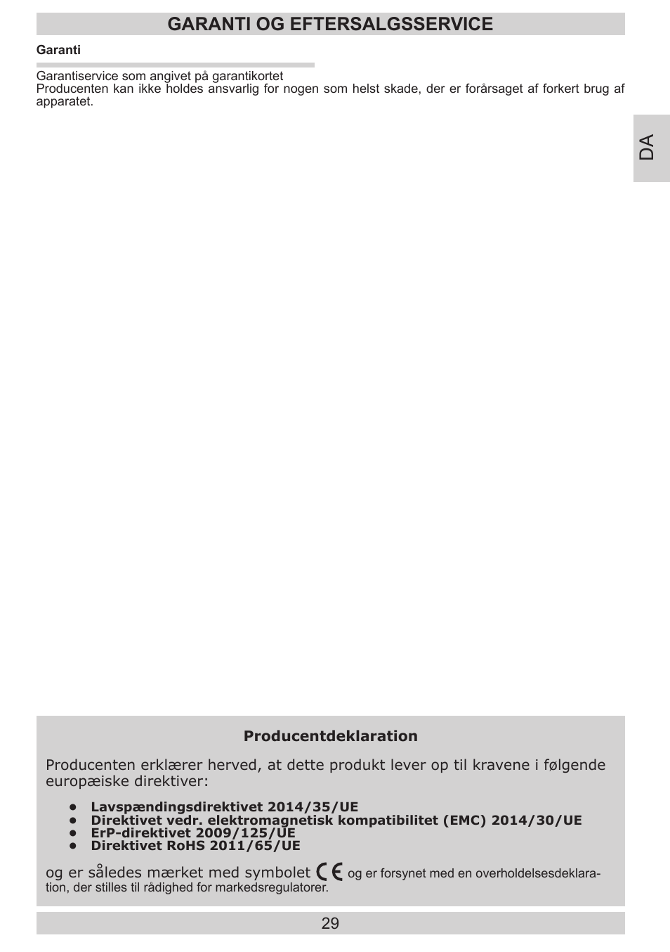 Garanti og eftersalgsservice | GRAM FB 3413-90/1 User Manual | Page 29 / 68