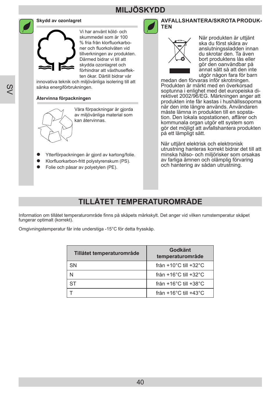 Miljöskydd, Tillåtet temperaturområde | GRAM FB 3413-90/1 User Manual | Page 40 / 68