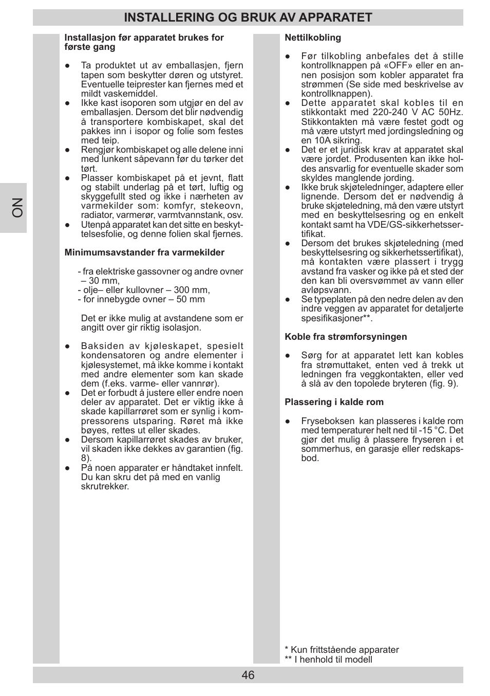 Installering og bruk av apparatet | GRAM FB 3413-90/1 User Manual | Page 46 / 68