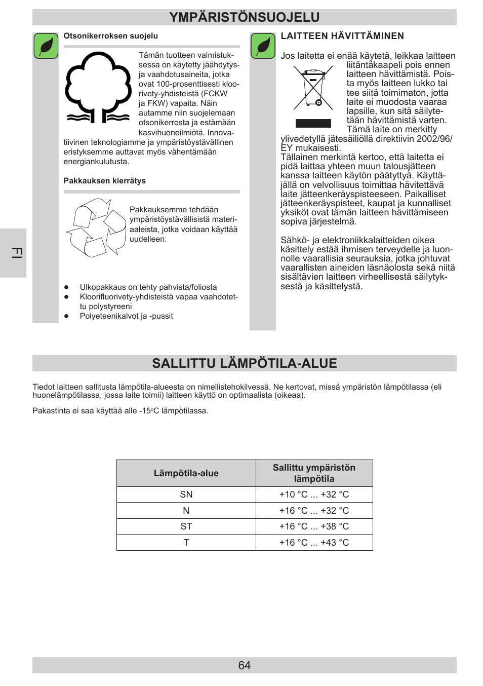 Ympäristönsuojelu, Sallittu lämpötila-alue | GRAM FB 3413-90/1 User Manual | Page 64 / 68