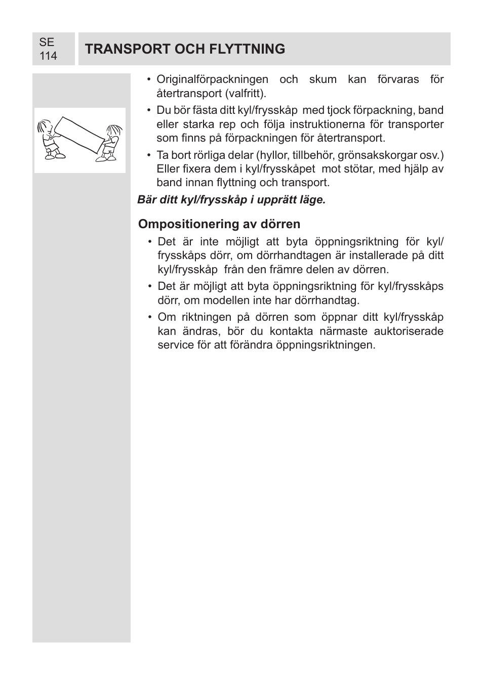 Transport och flyttning | GRAM KF 482064 FN/1 User Manual | Page 115 / 124